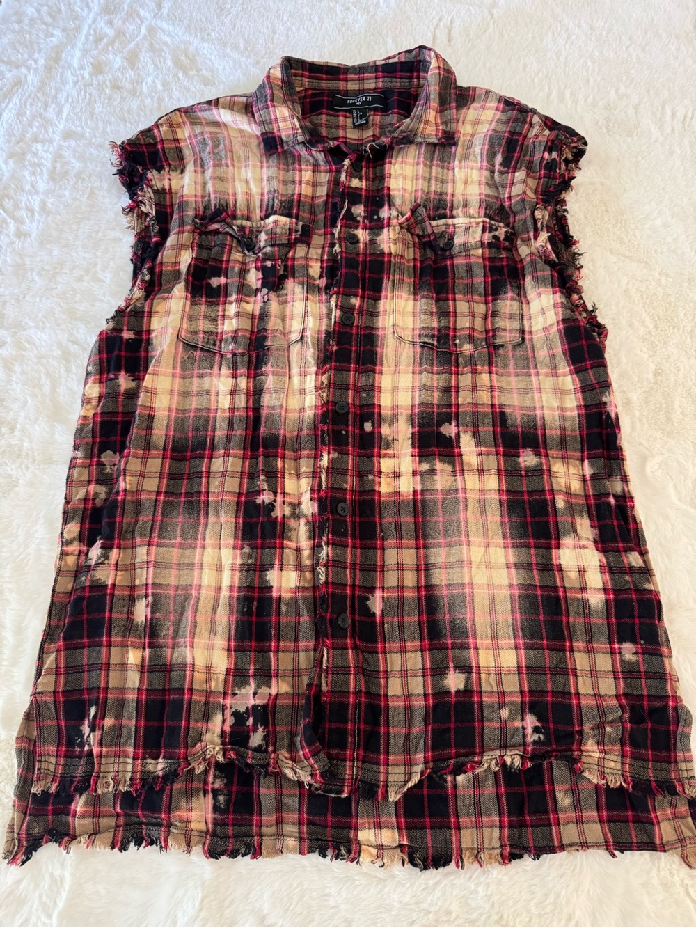 Forever 21 Girls Distressed Plaid Button-Down Shirt - Red & Black